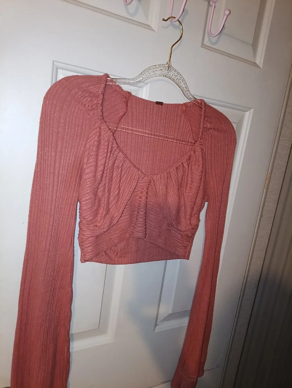 Free People Ribbed Long-Sleeve Crop Top\bell Sleeves\ Rose Rust Small